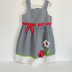 Girls Black Gingham Check Kids Dress with Red Ribbon and Ladybug Accents size 6